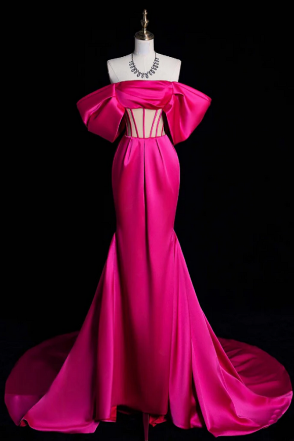 Simple Off Shoulder Satin Mermaid Rose Red Long Prom Dress, Rose Red Evening Dress APP0893