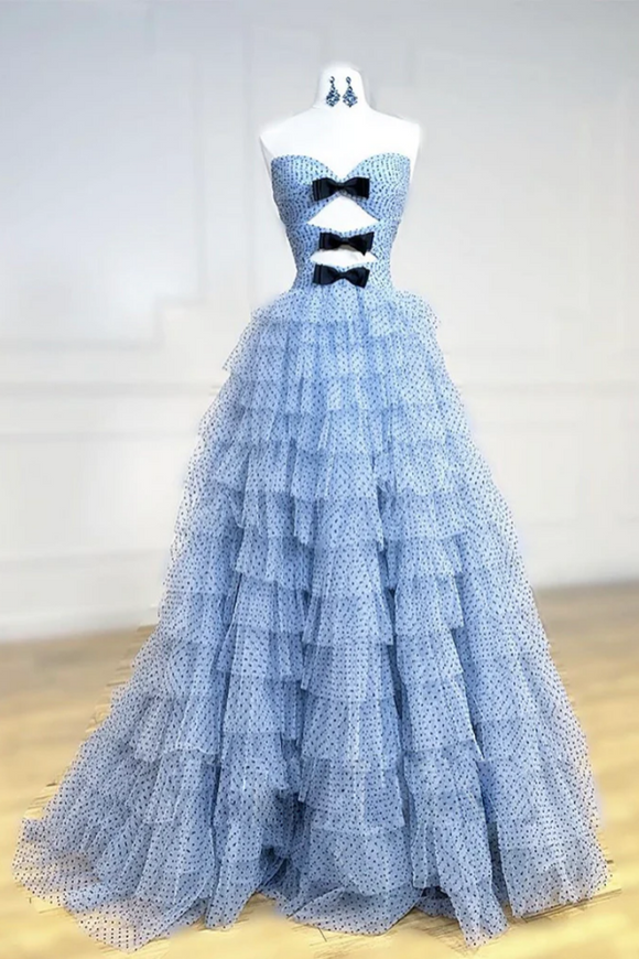 A Line Sweetheart Neck Tulle Blue Long Prom Dress, Blue Long Formal Dress APP0894