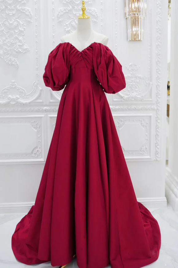 A Line Puff Sleeves Satin Dark Red Long Prom Dress, Dark Red Long Evening Dress APP0896