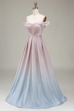 Sparkly Gradient Grey Pink A Line Off The Shoulder Pleated Prom Dress APP0898