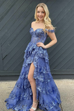 Blue Off Shoulder Tulle Sequin Long Prom Dress, Blue Sequin Long Formal Dress APP0899