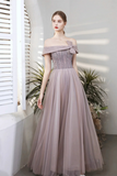 Purple Tulle Beaded Long Prom Dress, Off the Shoulder Evening Party Dress APP0901