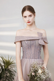 Purple Tulle Beaded Long Prom Dress, Off the Shoulder Evening Party Dress APP0901