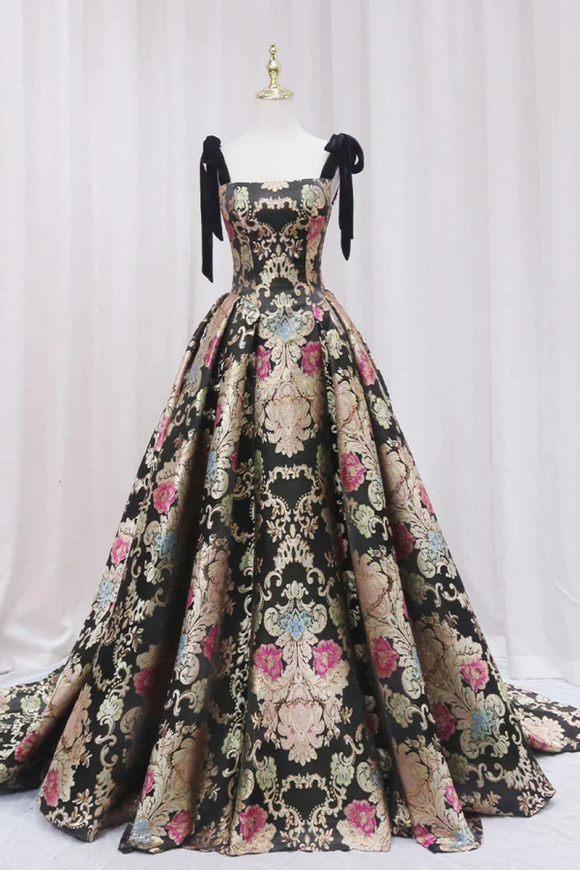 Black Satin Straps A Line Floral Long Formal Dress, Black Evening Dress APP0906