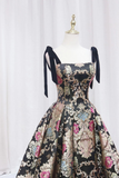 Black Satin Straps A Line Floral Long Formal Dress, Black Evening Dress APP0906