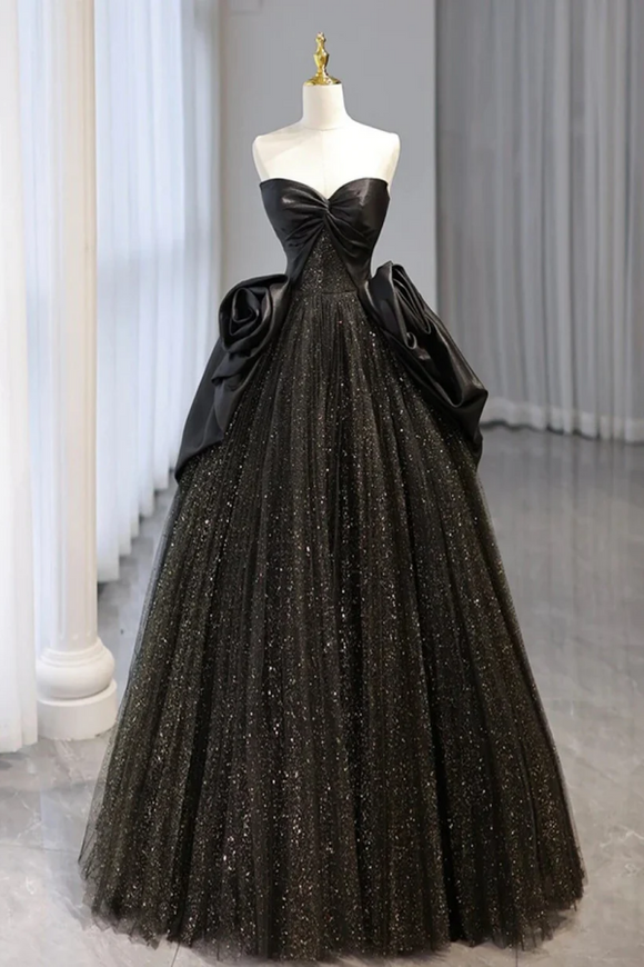 Black Shiny Tulle A Line Prom Dress, Black Unique Evening Dress APP0907