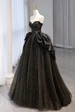 Black Shiny Tulle A Line Prom Dress, Black Unique Evening Dress APP0907