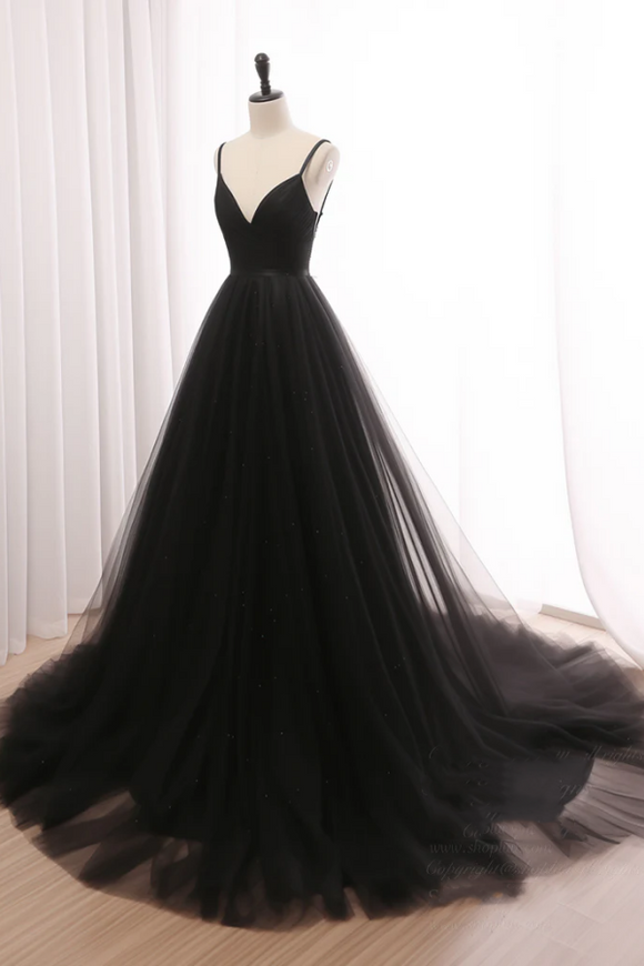 A Line V Neck Tulle Black Long Prom Dress, Black Long Formal Dress APP0910