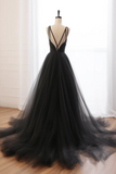 A Line V Neck Tulle Black Long Prom Dress, Black Long Formal Dress APP0910