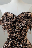 A Line Off Shoulder Coffee Gold Sequin Long Prom Dress, Coffee Gold Formal Dress APP0912