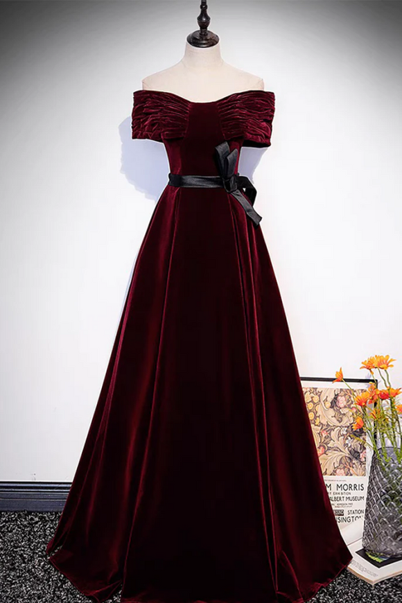 A Line Off Shoulder Velvet Burgundy Long Prom Dress, Burgundy Long Formal Dress APP0913