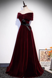 A Line Off Shoulder Velvet Burgundy Long Prom Dress, Burgundy Long Formal Dress APP0913