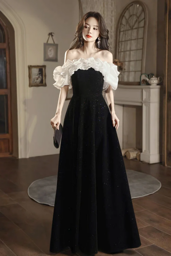 A Line Off Shoulder Velvet Black Long Prom Dress, Black Long Evening Dress APP0914