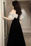 A Line Off Shoulder Velvet Black Long Prom Dress, Black Long Evening Dress APP0914