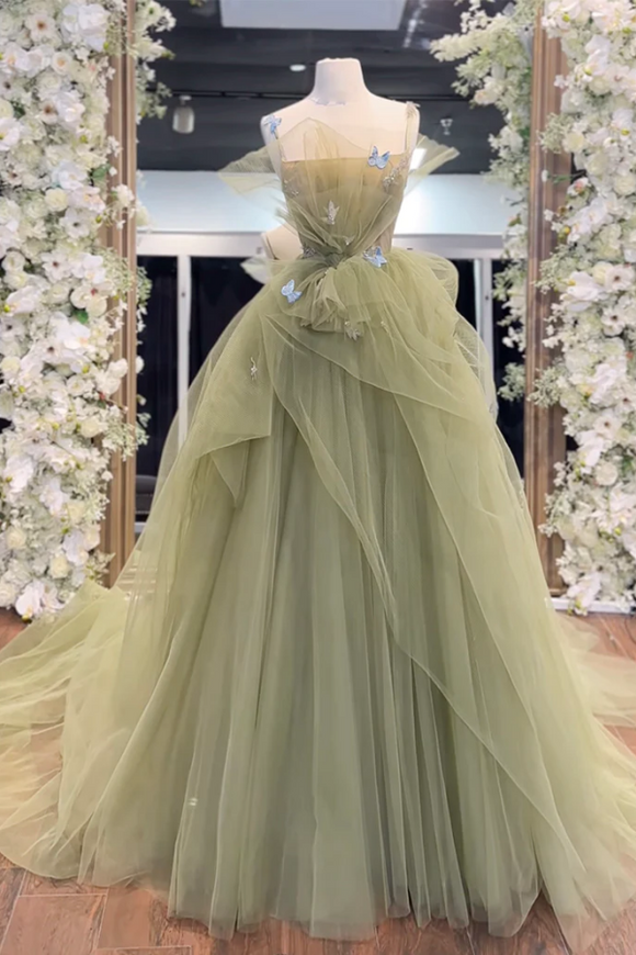 A Line Tulle Green Long Prom Dress, Green Tulle Long Sweet 16 Dress APP0915