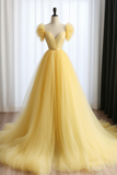 A Line Sweetheart Neck Tulle Yellow Long Prom Dress, Yellow Long Formal Dress APP0916