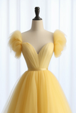 A Line Sweetheart Neck Tulle Yellow Long Prom Dress, Yellow Long Formal Dress APP0916