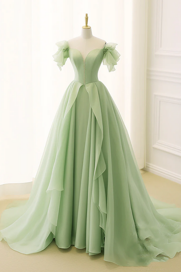 A Line Organza Green Long Prom Dress, Green Long Graduation Dress APP0917