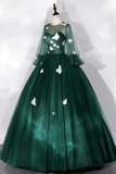 Dark Green Tulle Floor Length Prom Dress with Butterfly Appliques, A Line Long Sleeve Party Dress APP0921
