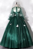Dark Green Tulle Floor Length Prom Dress with Butterfly Appliques, A Line Long Sleeve Party Dress APP0921