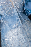 A Line Off Shoulder Sequin Beads Blue Long Prom Dress, Blue Long Evening Dress APP0928