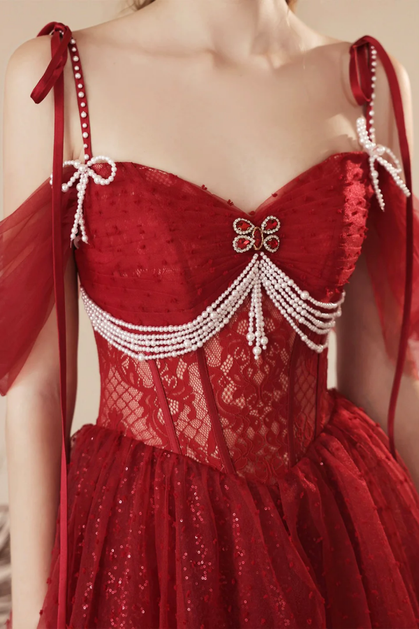 Dark Red Tulle Beaded Long Prom Dress, Beautiful Off the Shoulder Even Anneprom Dark Red Tulle Beaded Long Prom Dress, Beautiful Off the Shoulder Even Anneprom