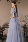 A Line Sweetheart Neck Tulle Beads Blue Long Prom Dress, Blue Long Evening Dress APP0933