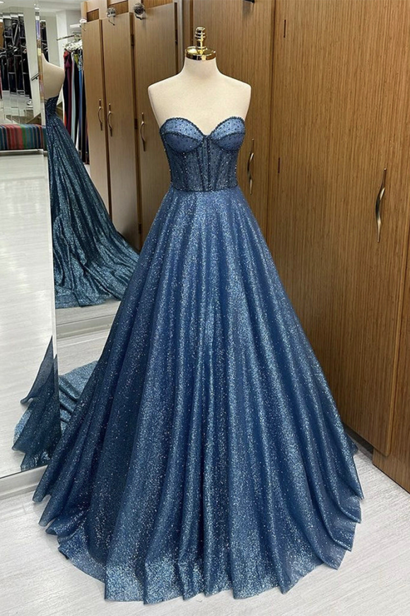 A Line Sweetheart Neck Tulle Beads Blue Long Prom Dress, Blue Long Formal Dress APP0934
