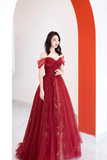 Burgundy Tulle Long Prom Dress, Beautiful A Line Off the Shoulder Evening Party Dress APP0935