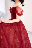 Burgundy Tulle Long Prom Dress, Beautiful A Line Off the Shoulder Evening Party Dress APP0935