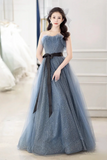 Gray Blue Tulle Long Prom Dress, Beautiful A Line Strapless Evening Dress APP0938