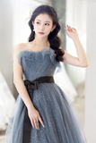 Gray Blue Tulle Long Prom Dress, Beautiful A Line Strapless Evening Dress APP0938