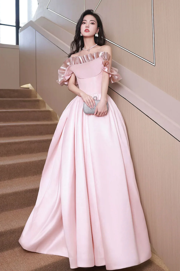 Off Shoulder Pink Satin Long Formal Dress, Pink Evening Dress Party Dr Anneprom Off Shoulder Pink Satin Long Formal Dress, Pink Evening Dress Party Dr Anneprom