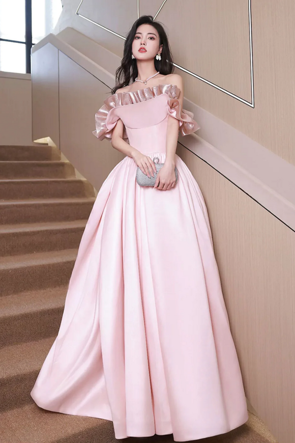 Off Shoulder Pink Satin Long Formal Dress, Pink Evening Dress Party Dress APP0939