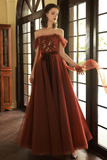 Off Shoulder Tulle Long Prom Dresses, Beautiful A Line Tulle Evening Dresses APP0940