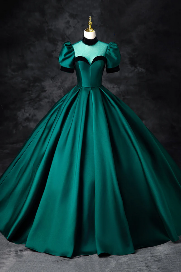 Green Satin Long Prom Dress, Elegant A Line Short Sleeve Formal Evening Dress APP0941
