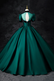 Green Satin Long Prom Dress, Elegant A Line Short Sleeve Formal Evening Dress APP0941