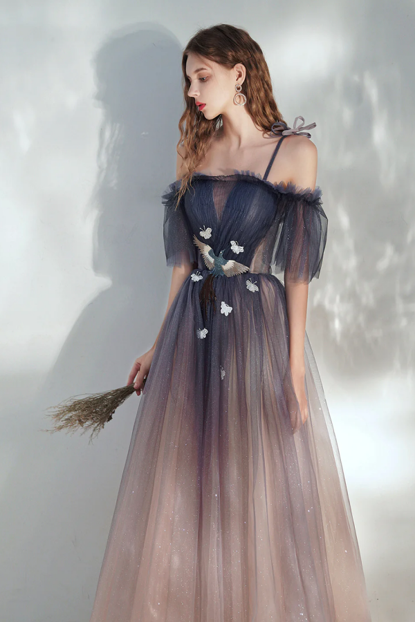 Blue Gradient Tulle Long Prom Dress, Lovely Spaghetti Strap Evening Dr   Anneprom