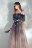 Blue Gradient Tulle Long Prom Dress, Lovely Spaghetti Strap Evening Dress APP0942