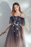 Blue Gradient Tulle Long Prom Dress, Lovely Spaghetti Strap Evening Dress APP0942