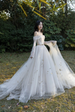 Ivory Tulle Long Sleeve Prom Dress, A Line Evening Dress with Butterfly APP0943