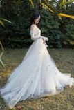 Ivory Tulle Long Sleeve Prom Dress, A Line Evening Dress with Butterfly APP0943