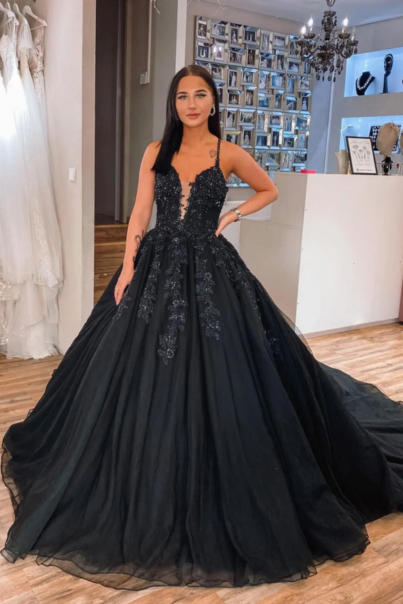 Black V Neck Lace Long Ball Gown, A Line Evening Party Dress APP0944