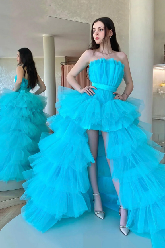 Blue Tulle High Low Prom Dress, A Line Strapless Party Dress APP0945