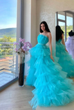 Blue Tulle High Low Prom Dress, A Line Strapless Party Dress APP0945