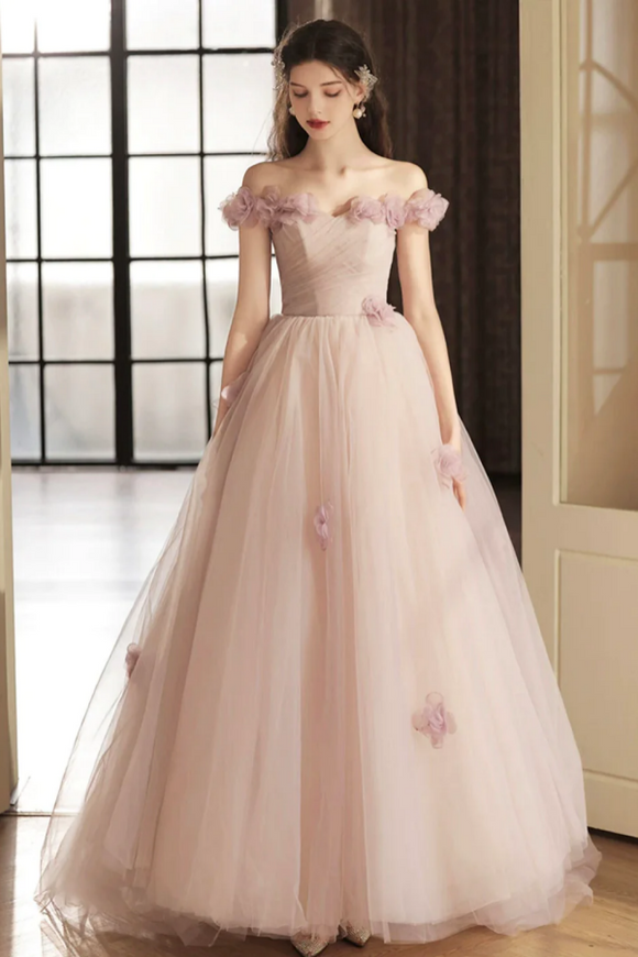 Beautiful Tulle Long Prom Dress with Flowers, A Line Off the Shoulder Evening Party Dress APP0950