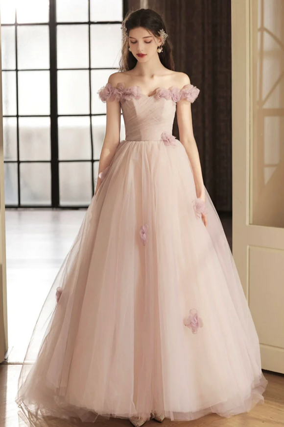 Elegant 1950s Formal Dresses Beautiful Tulle Long Prom Dress With Flowers, A Line Off The Shoulder Elegant 1950s Formal Dresses Beautiful Tulle Long Prom Dress With Flowers, A Line Off The Shoulder