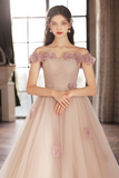 Beautiful Tulle Long Prom Dress with Flowers, A Line Off the Shoulder Evening Party Dress APP0950