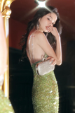 Simple V Neck Mermaid Sequin Green Prom Dress, Backless Green Party Dress APP0951