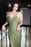 Simple V Neck Mermaid Sequin Green Prom Dress, Backless Green Party Dress APP0951